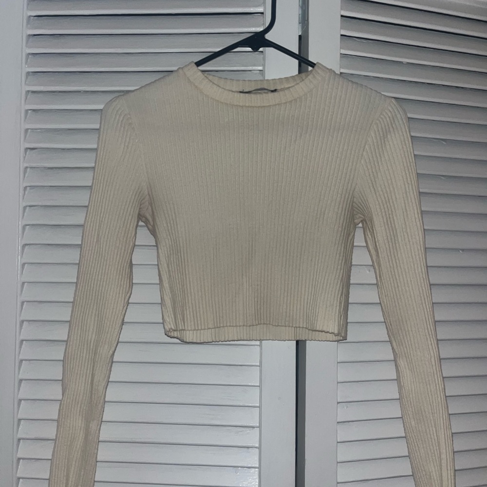 Zara Cream Ribbed Long Sleeve Crop Top